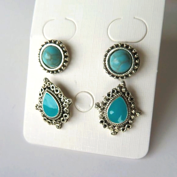 Set Of TWO Pairs Fashion Turquoise Enamel Earrings - Picture 7 of 10